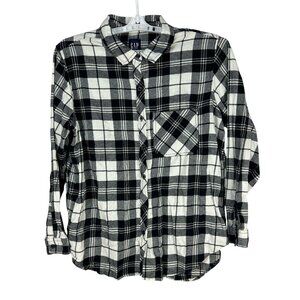 Gap Womens Black & White Plaid Button Flannel Shirt XL Long Sleeve Casual Cotton